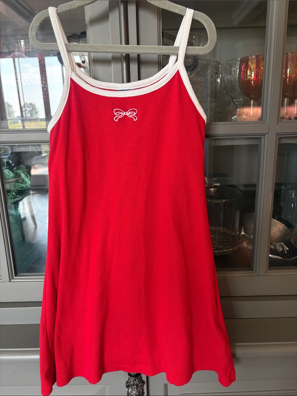Girls Red Tank Athletic Swing Dress with White Trim, bow and bra